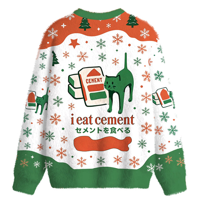 Uglysweatershops Cement Cat Fuzzy Christmas Ugly Sweatshirt
