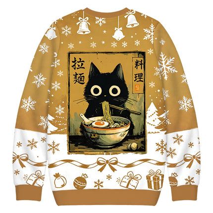 Uglysweatershops Cute Black Cat Eating Ramen Christmas Ugly Sweatshirt
