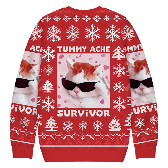 Uglysweatershops Tummy Ache Survivor Funny Cat Meme Christmas Ugly Sweatshirt