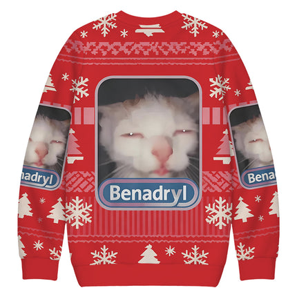 Uglysweatershops Red Psychedelic Cat Christmas Ugly Sweatshirt