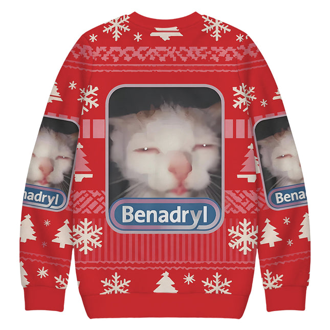 Uglysweatershops Red Psychedelic Cat Christmas Ugly Sweatshirt