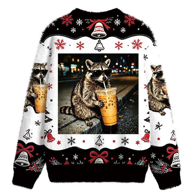 Uglysweatershops Racoon with a Ice Coffee Fuzzy Christmas Ugly Sweatshirt