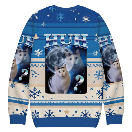 Uglysweatershops Huh Cat Funny Dank Meme Moon Christmas Ugly Sweatshirt