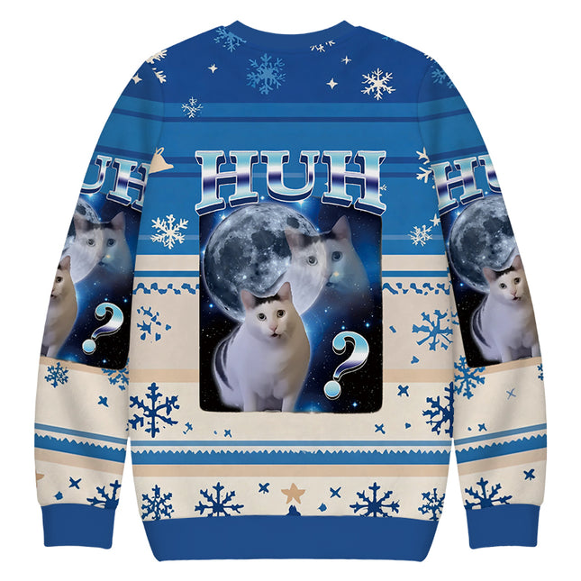 Uglysweatershops Huh Cat Funny Dank Meme Moon Christmas Ugly Sweatshirt