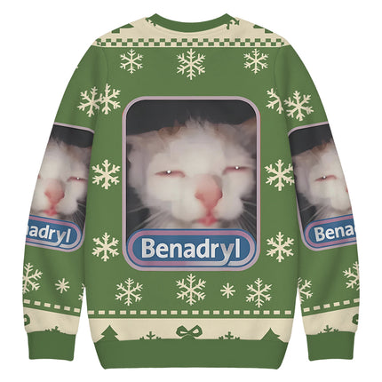 Uglysweatershops Green Psychedelic Cat Christmas Ugly Sweatshirt