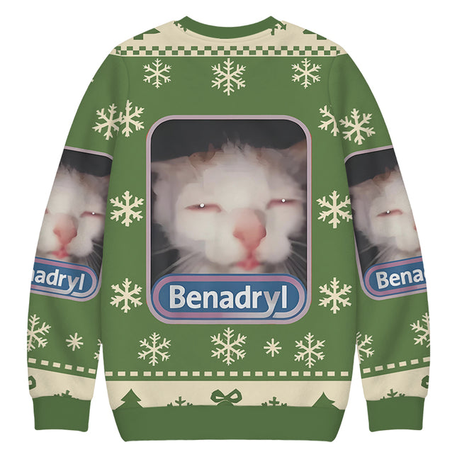 Uglysweatershops Green Psychedelic Cat Christmas Ugly Sweatshirt