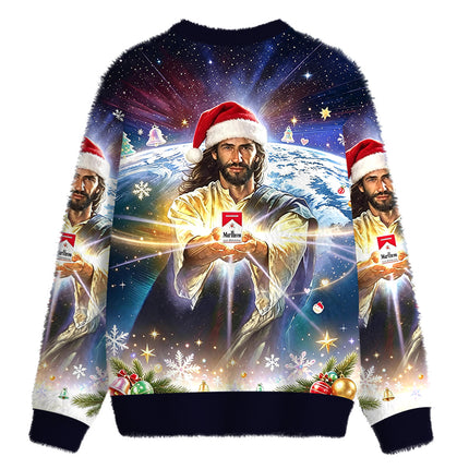 Uglysweatershops Jesus Holding a Cigarette Fuzzy Christmas Ugly Sweatshirt