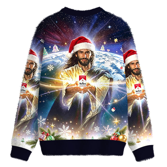 Uglysweatershops Jesus Holding a Cigarette Fuzzy Christmas Ugly Sweatshirt