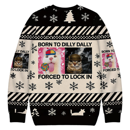 Uglysweatershops Born to Dilly Dally Funny Cat Meme Christmas Ugly Sweatshirt