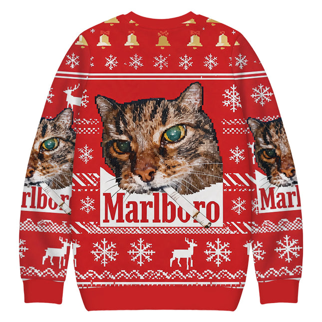 Uglysweatershops Red Funny Smoking Cat Meme Christmas Ugly Sweatshirt