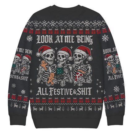 Uglysweatershops Look at Me Being Festive Skeleton Christmas Ugly Sweatshirt