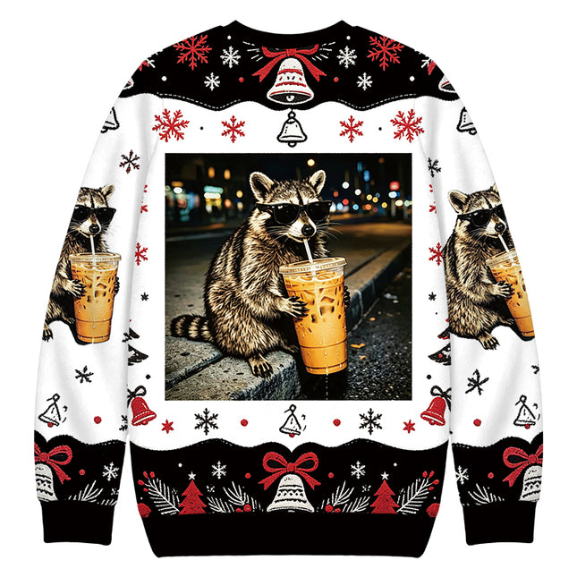 Uglysweatershops Racoon with a Ice Coffee Christmas Ugly Sweatshirt