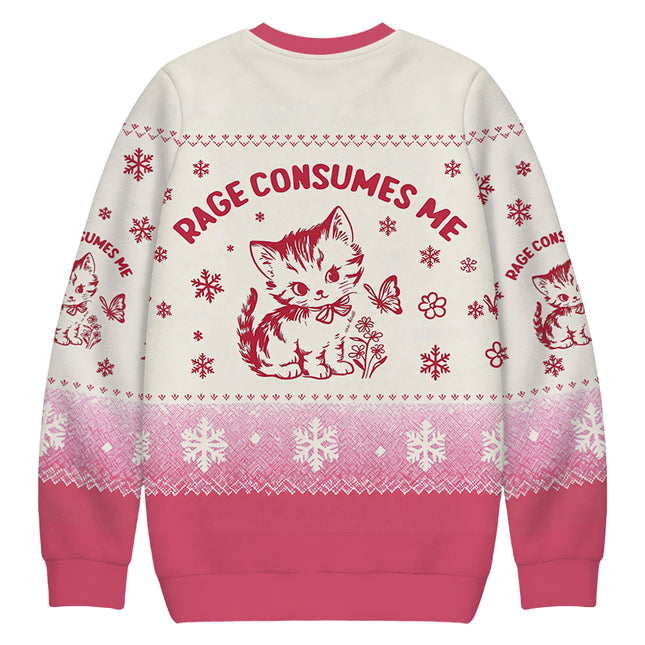 Uglysweatershops Rage Consumes Me Pink Cat Christmas Ugly Sweatshirt